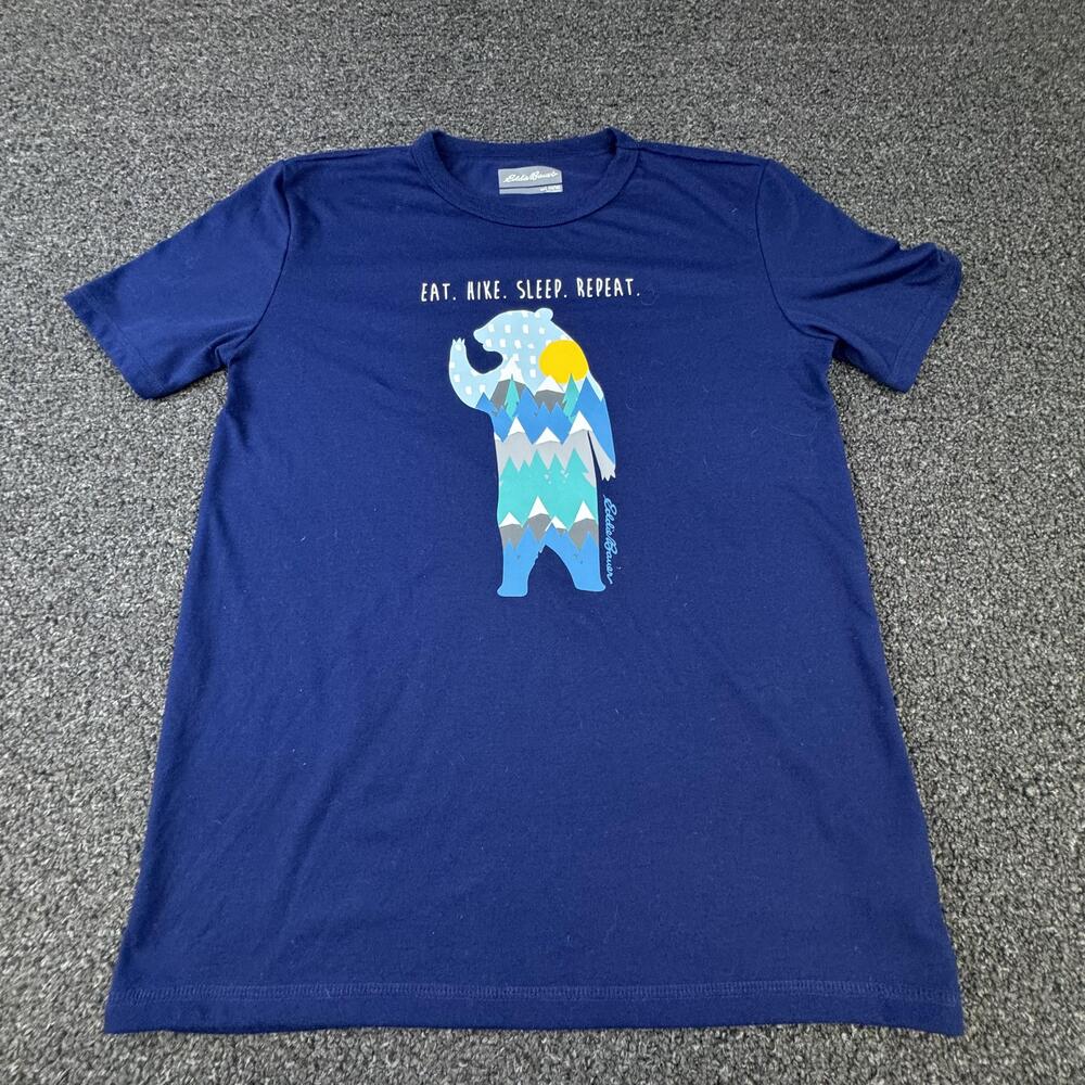 Eddie Bauer Shirt Unisex Kids L Blue Graphic Eat Hike Sleep Repeat Bear